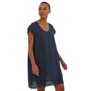 Carina Ricci Women's Linen Dress Lace Cap Sleeves & Hem Trim Blue Size 2X